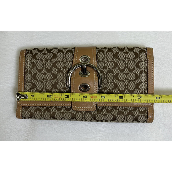 Coach C Signature Brown & Khaki Canvas & Leather Bifold Wallet w/Buckle & Chkbk - Picture 7 of 16